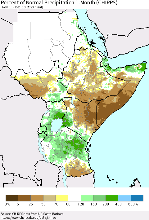 Eastern Africa Percent of Normal Precipitation 1-Month (CHIRPS) Thematic Map For 11/11/2020 - 12/10/2020