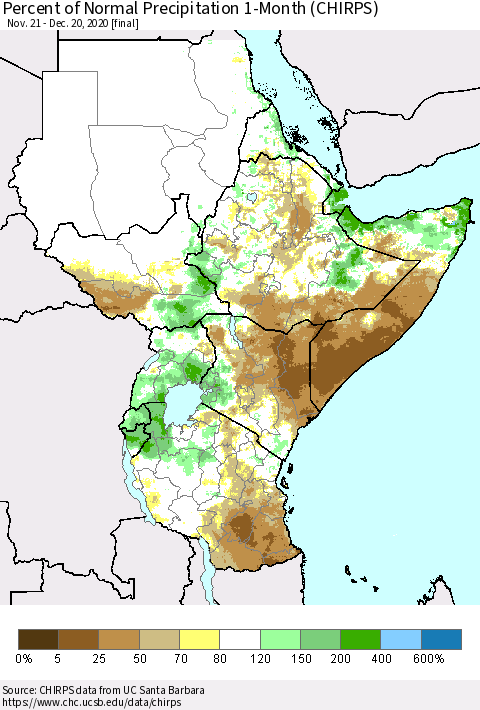 Eastern Africa Percent of Normal Precipitation 1-Month (CHIRPS) Thematic Map For 11/21/2020 - 12/20/2020