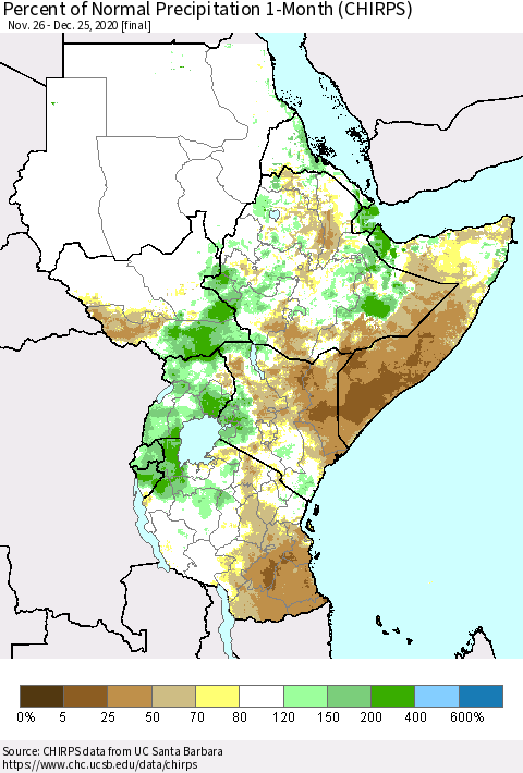 Eastern Africa Percent of Normal Precipitation 1-Month (CHIRPS) Thematic Map For 11/26/2020 - 12/25/2020
