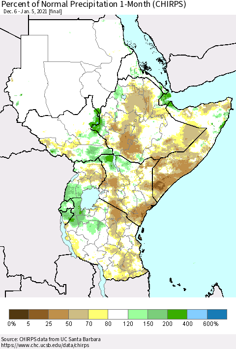 Eastern Africa Percent of Normal Precipitation 1-Month (CHIRPS) Thematic Map For 12/6/2020 - 1/5/2021