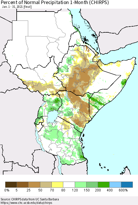 Eastern Africa Percent of Normal Precipitation 1-Month (CHIRPS) Thematic Map For 1/1/2021 - 1/31/2021