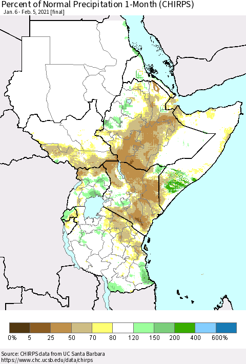 Eastern Africa Percent of Normal Precipitation 1-Month (CHIRPS) Thematic Map For 1/6/2021 - 2/5/2021