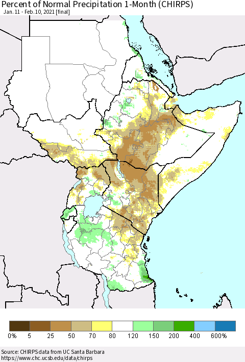 Eastern Africa Percent of Normal Precipitation 1-Month (CHIRPS) Thematic Map For 1/11/2021 - 2/10/2021