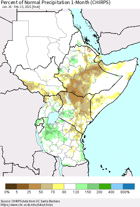 Eastern Africa Percent of Normal Precipitation 1-Month (CHIRPS) Thematic Map For 1/16/2021 - 2/15/2021