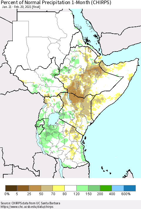 Eastern Africa Percent of Normal Precipitation 1-Month (CHIRPS) Thematic Map For 1/21/2021 - 2/20/2021