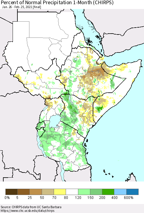 Eastern Africa Percent of Normal Precipitation 1-Month (CHIRPS) Thematic Map For 1/26/2021 - 2/25/2021