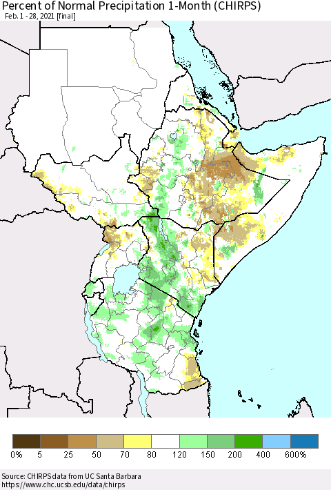Eastern Africa Percent of Normal Precipitation 1-Month (CHIRPS) Thematic Map For 2/1/2021 - 2/28/2021