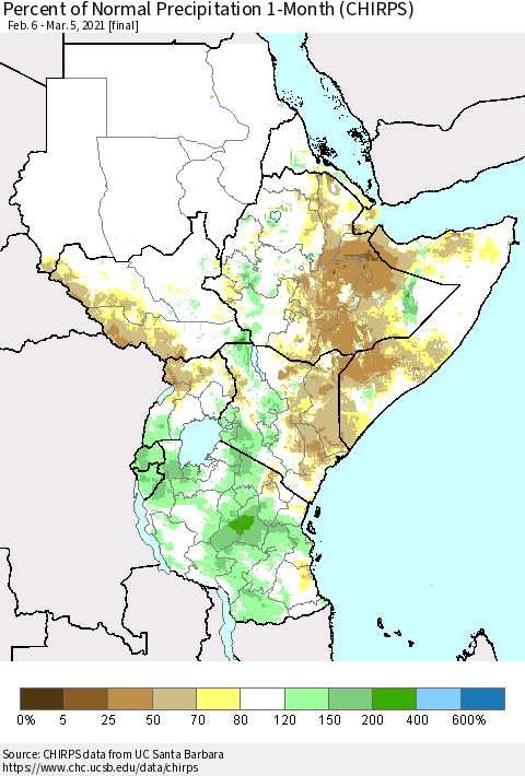 Eastern Africa Percent of Normal Precipitation 1-Month (CHIRPS) Thematic Map For 2/6/2021 - 3/5/2021