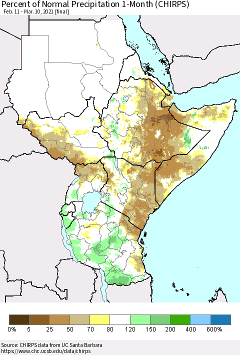 Eastern Africa Percent of Normal Precipitation 1-Month (CHIRPS) Thematic Map For 2/11/2021 - 3/10/2021