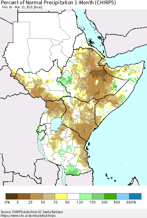 Eastern Africa Percent of Normal Precipitation 1-Month (CHIRPS) Thematic Map For 2/16/2021 - 3/15/2021