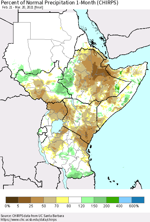 Eastern Africa Percent of Normal Precipitation 1-Month (CHIRPS) Thematic Map For 2/21/2021 - 3/20/2021