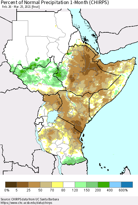 Eastern Africa Percent of Normal Precipitation 1-Month (CHIRPS) Thematic Map For 2/26/2021 - 3/25/2021
