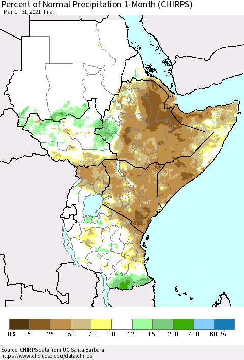 Eastern Africa Percent of Normal Precipitation 1-Month (CHIRPS) Thematic Map For 3/1/2021 - 3/31/2021