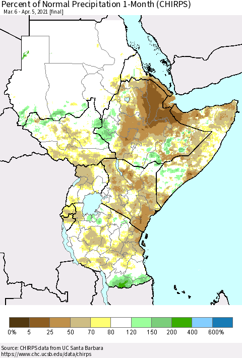 Eastern Africa Percent of Normal Precipitation 1-Month (CHIRPS) Thematic Map For 3/6/2021 - 4/5/2021