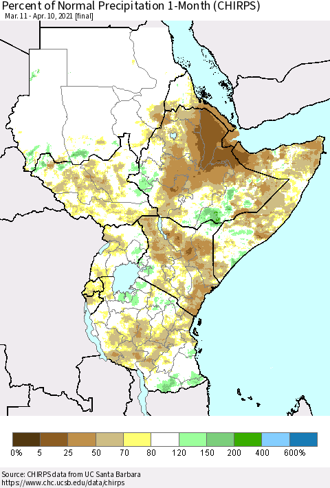 Eastern Africa Percent of Normal Precipitation 1-Month (CHIRPS) Thematic Map For 3/11/2021 - 4/10/2021