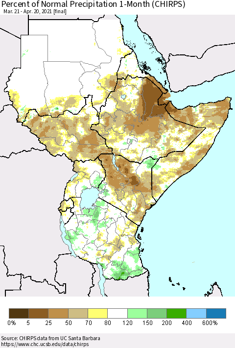 Eastern Africa Percent of Normal Precipitation 1-Month (CHIRPS) Thematic Map For 3/21/2021 - 4/20/2021
