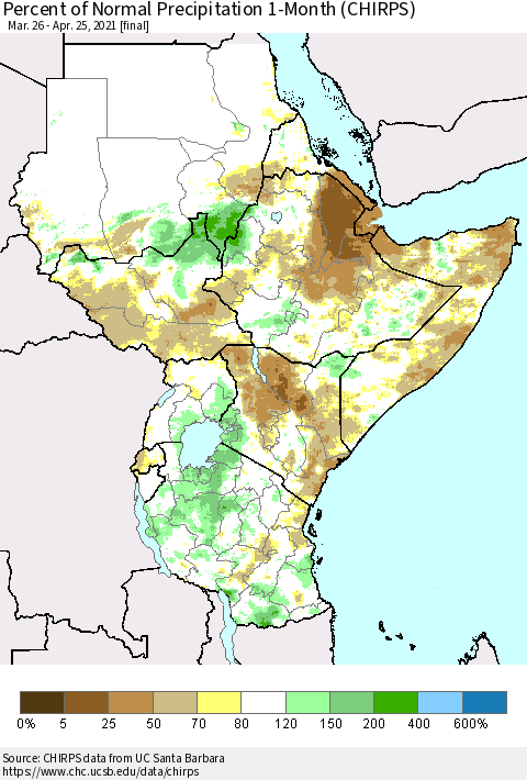 Eastern Africa Percent of Normal Precipitation 1-Month (CHIRPS) Thematic Map For 3/26/2021 - 4/25/2021