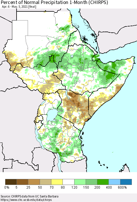 Eastern Africa Percent of Normal Precipitation 1-Month (CHIRPS) Thematic Map For 4/6/2021 - 5/5/2021
