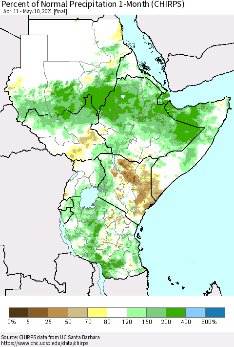 Eastern Africa Percent of Normal Precipitation 1-Month (CHIRPS) Thematic Map For 4/11/2021 - 5/10/2021