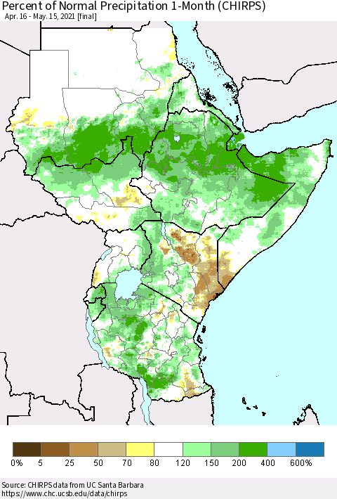 Eastern Africa Percent of Normal Precipitation 1-Month (CHIRPS) Thematic Map For 4/16/2021 - 5/15/2021