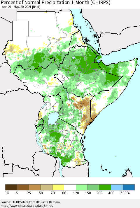 Eastern Africa Percent of Normal Precipitation 1-Month (CHIRPS) Thematic Map For 4/21/2021 - 5/20/2021