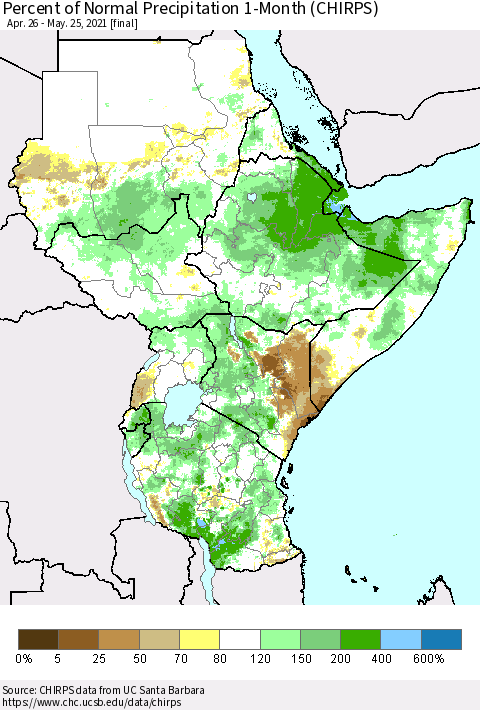 Eastern Africa Percent of Normal Precipitation 1-Month (CHIRPS) Thematic Map For 4/26/2021 - 5/25/2021
