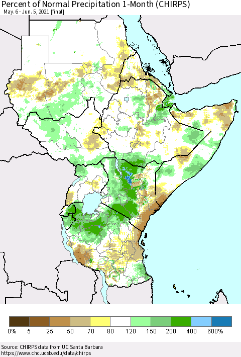 Eastern Africa Percent of Normal Precipitation 1-Month (CHIRPS) Thematic Map For 5/6/2021 - 6/5/2021