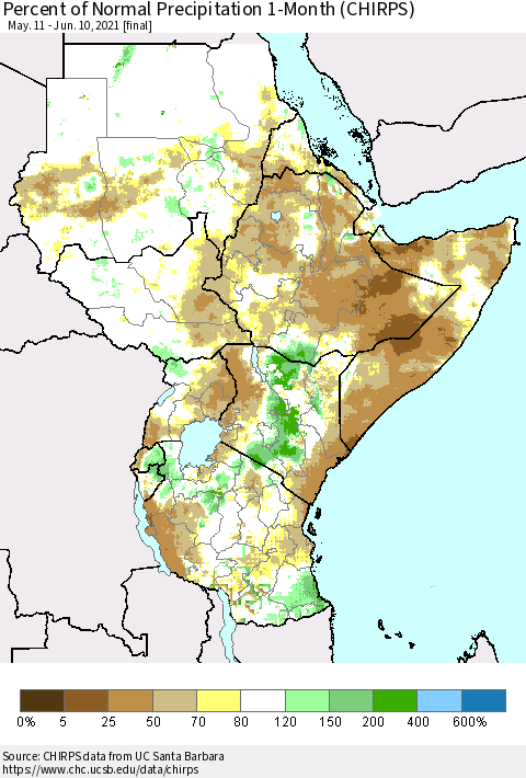 Eastern Africa Percent of Normal Precipitation 1-Month (CHIRPS) Thematic Map For 5/11/2021 - 6/10/2021