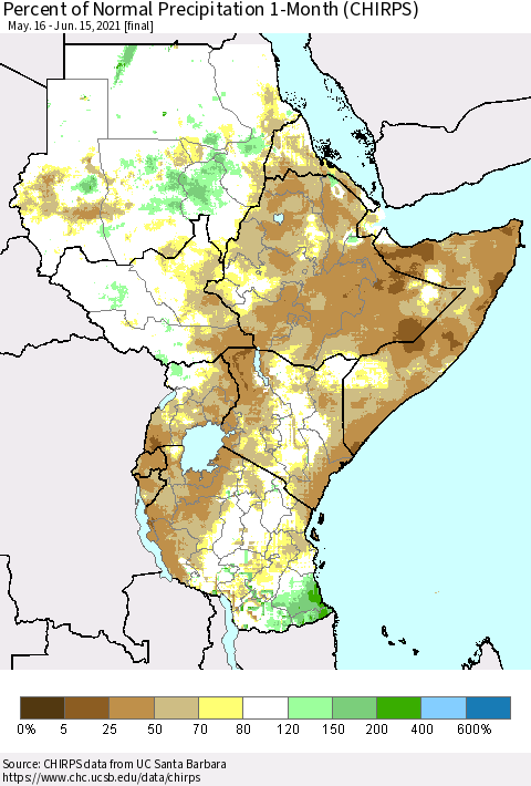Eastern Africa Percent of Normal Precipitation 1-Month (CHIRPS) Thematic Map For 5/16/2021 - 6/15/2021