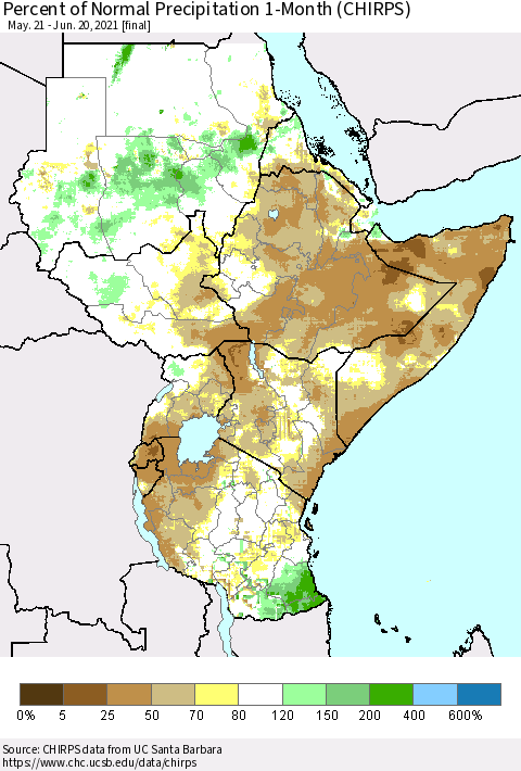 Eastern Africa Percent of Normal Precipitation 1-Month (CHIRPS) Thematic Map For 5/21/2021 - 6/20/2021