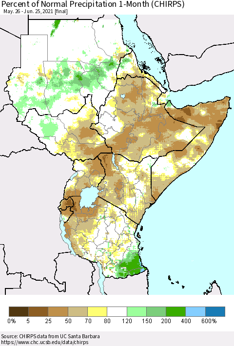 Eastern Africa Percent of Normal Precipitation 1-Month (CHIRPS) Thematic Map For 5/26/2021 - 6/25/2021