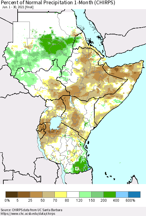 Eastern Africa Percent of Normal Precipitation 1-Month (CHIRPS) Thematic Map For 6/1/2021 - 6/30/2021