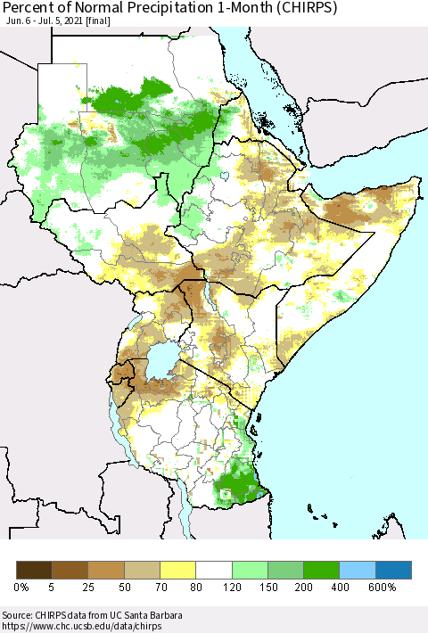 Eastern Africa Percent of Normal Precipitation 1-Month (CHIRPS) Thematic Map For 6/6/2021 - 7/5/2021