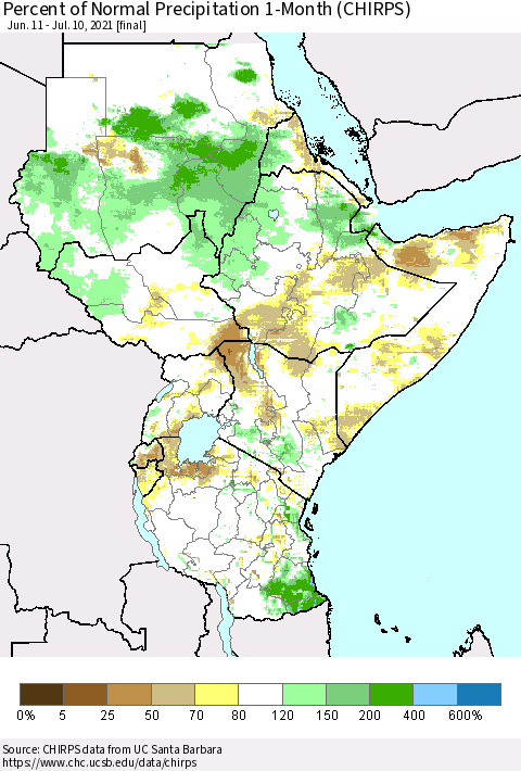 Eastern Africa Percent of Normal Precipitation 1-Month (CHIRPS) Thematic Map For 6/11/2021 - 7/10/2021