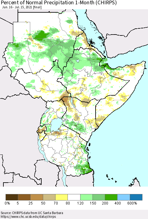 Eastern Africa Percent of Normal Precipitation 1-Month (CHIRPS) Thematic Map For 6/16/2021 - 7/15/2021