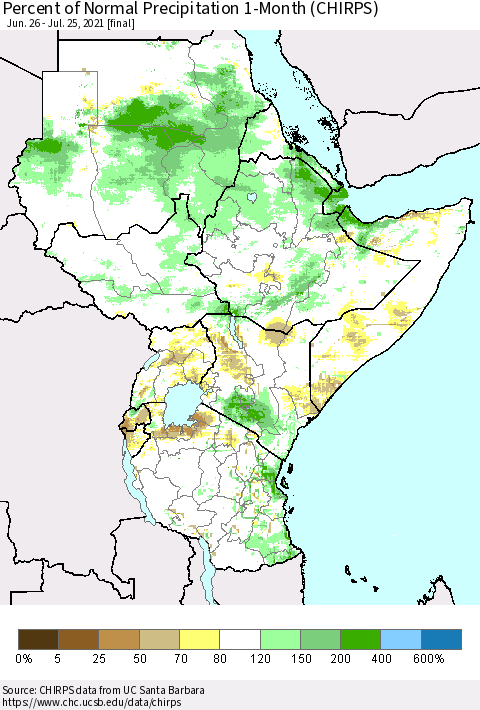 Eastern Africa Percent of Normal Precipitation 1-Month (CHIRPS) Thematic Map For 6/26/2021 - 7/25/2021