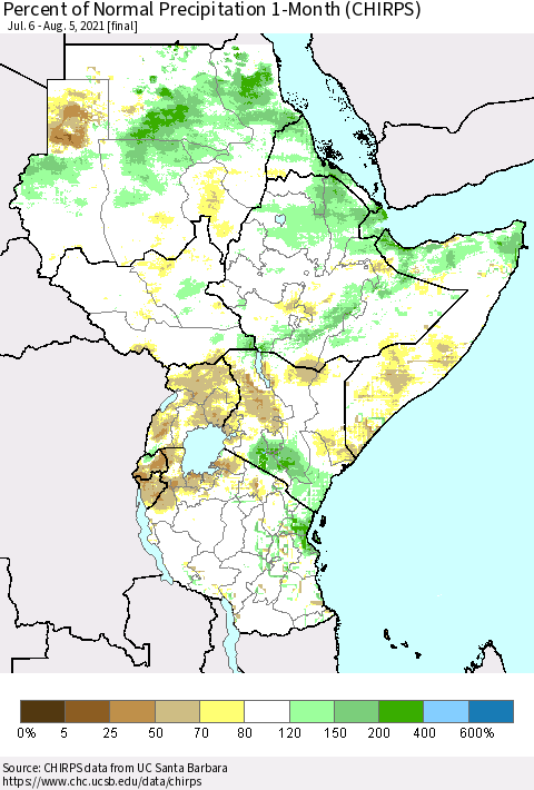 Eastern Africa Percent of Normal Precipitation 1-Month (CHIRPS) Thematic Map For 7/6/2021 - 8/5/2021