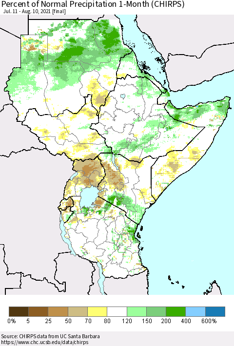 Eastern Africa Percent of Normal Precipitation 1-Month (CHIRPS) Thematic Map For 7/11/2021 - 8/10/2021