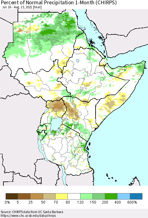 Eastern Africa Percent of Normal Precipitation 1-Month (CHIRPS) Thematic Map For 7/16/2021 - 8/15/2021