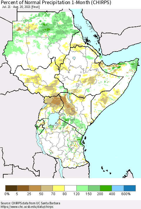Eastern Africa Percent of Normal Precipitation 1-Month (CHIRPS) Thematic Map For 7/21/2021 - 8/20/2021