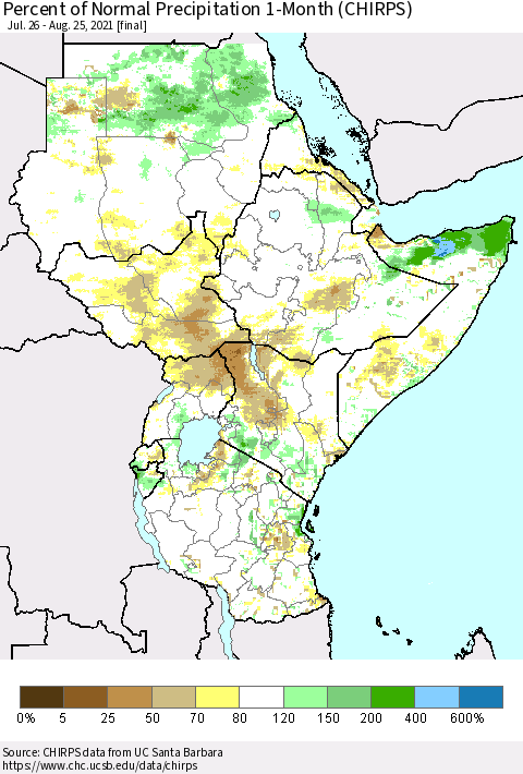 Eastern Africa Percent of Normal Precipitation 1-Month (CHIRPS) Thematic Map For 7/26/2021 - 8/25/2021