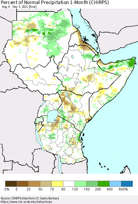 Eastern Africa Percent of Normal Precipitation 1-Month (CHIRPS) Thematic Map For 8/6/2021 - 9/5/2021