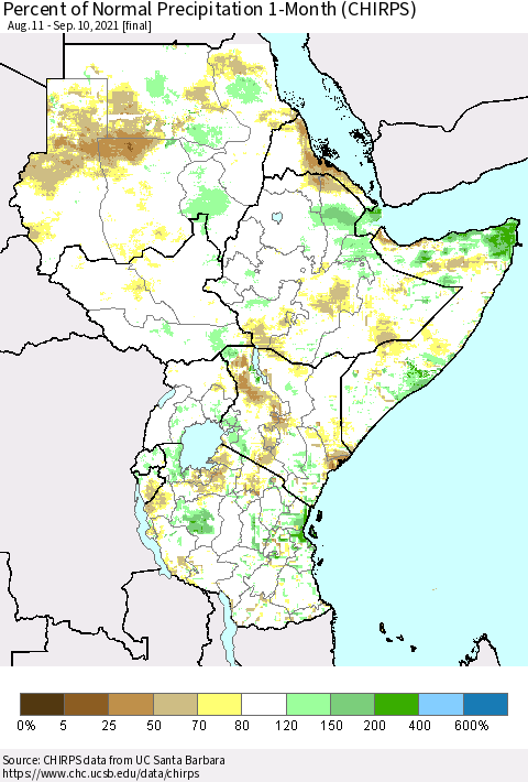 Eastern Africa Percent of Normal Precipitation 1-Month (CHIRPS) Thematic Map For 8/11/2021 - 9/10/2021