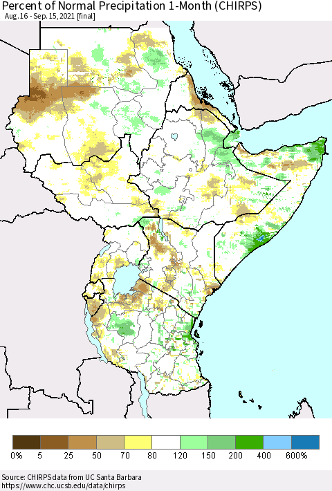 Eastern Africa Percent of Normal Precipitation 1-Month (CHIRPS) Thematic Map For 8/16/2021 - 9/15/2021