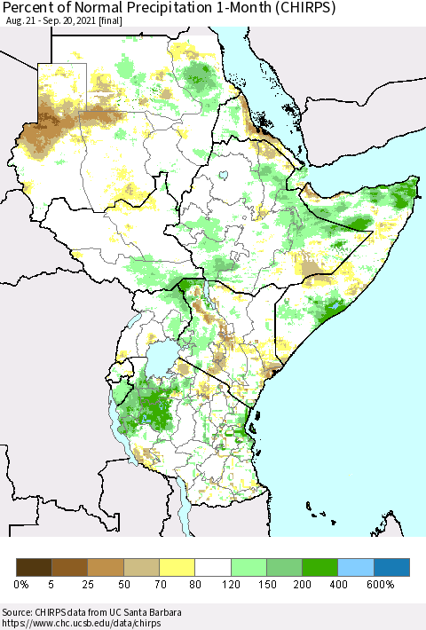 Eastern Africa Percent of Normal Precipitation 1-Month (CHIRPS) Thematic Map For 8/21/2021 - 9/20/2021
