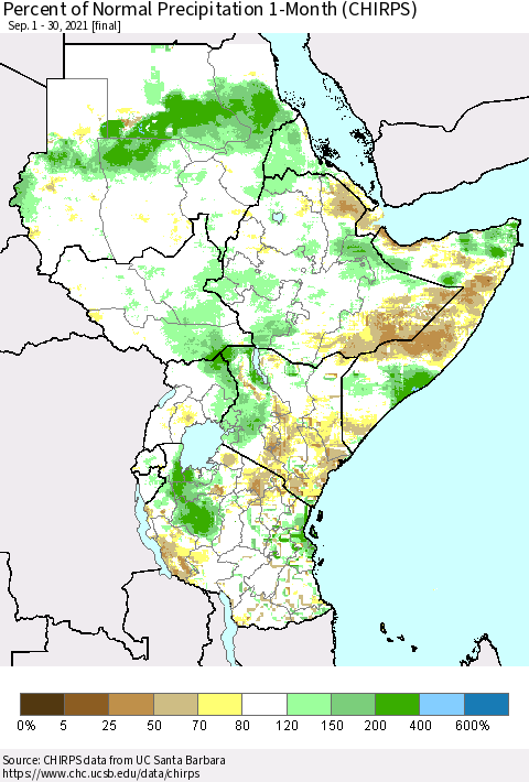 Eastern Africa Percent of Normal Precipitation 1-Month (CHIRPS) Thematic Map For 9/1/2021 - 9/30/2021