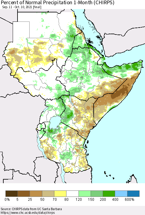 Eastern Africa Percent of Normal Precipitation 1-Month (CHIRPS) Thematic Map For 9/11/2021 - 10/10/2021