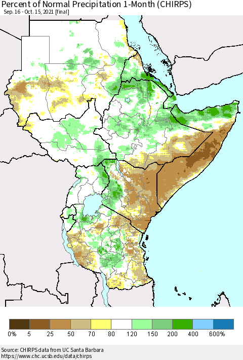 Eastern Africa Percent of Normal Precipitation 1-Month (CHIRPS) Thematic Map For 9/16/2021 - 10/15/2021