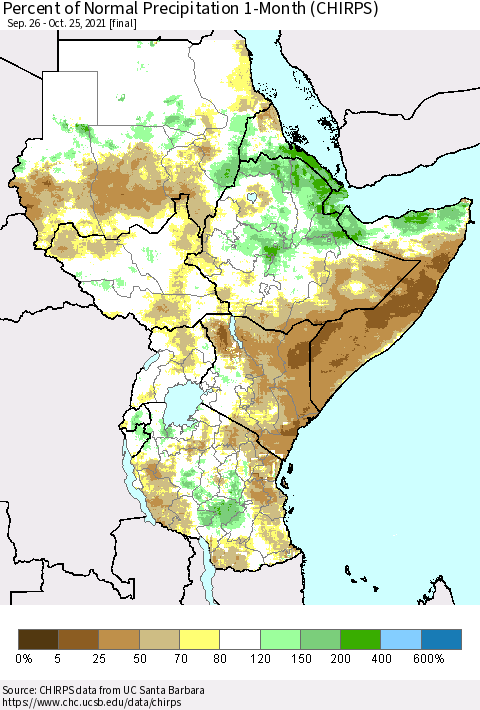 Eastern Africa Percent of Normal Precipitation 1-Month (CHIRPS) Thematic Map For 9/26/2021 - 10/25/2021
