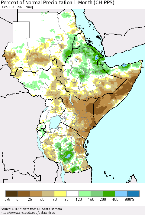 Eastern Africa Percent of Normal Precipitation 1-Month (CHIRPS) Thematic Map For 10/1/2021 - 10/31/2021